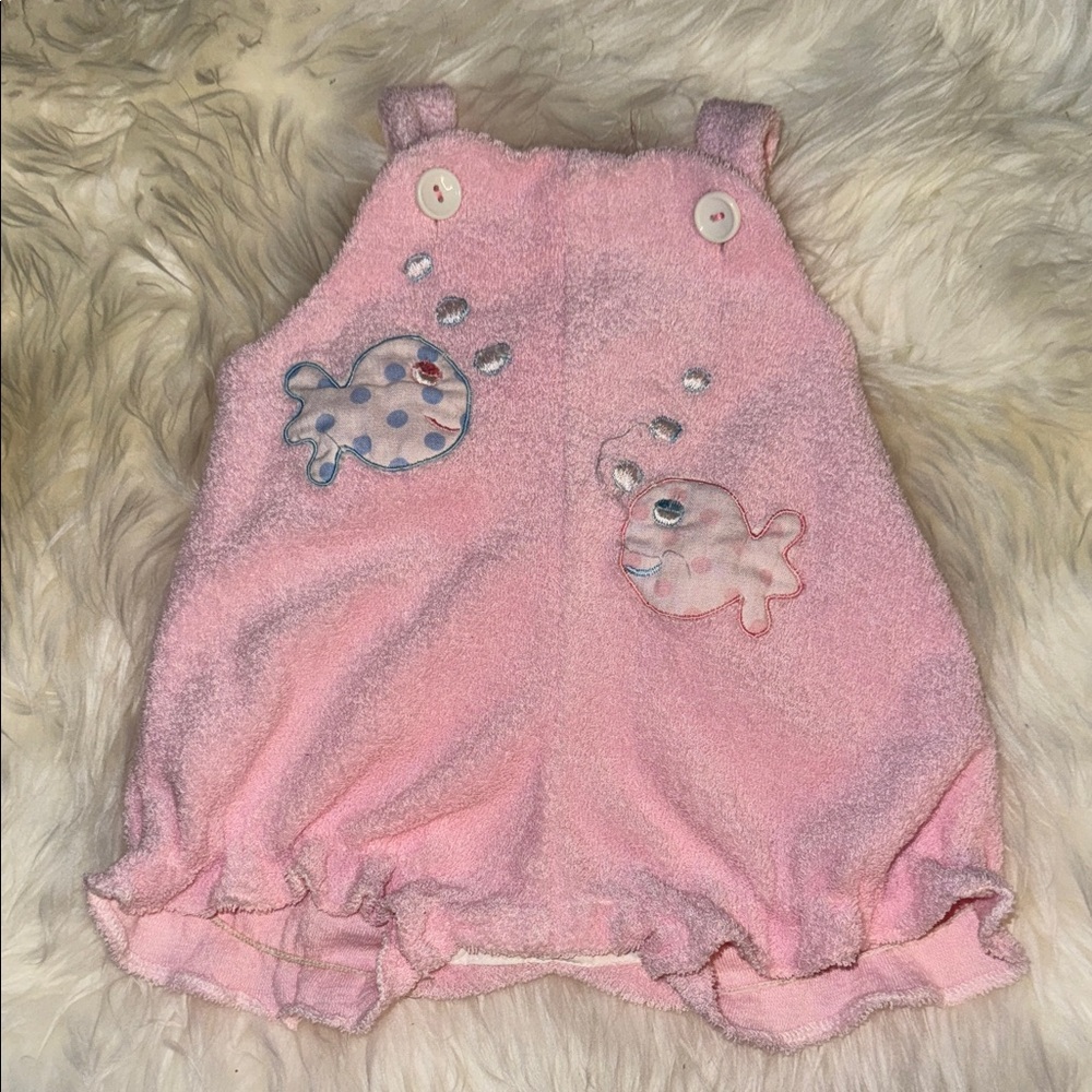 🍄NB vintage terry cloth Pink Baby Romper with Fish Appliqué blue and white